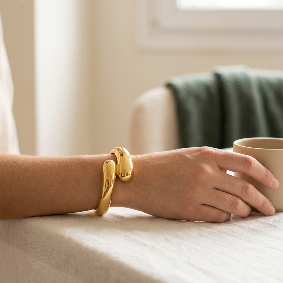 Brazalete Dorado Cruzado Nudo en uso